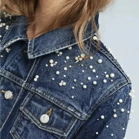 Anthropologie Pilcro Pearled Denim Trucker Jacket Size Medium - Picture 3 of 6